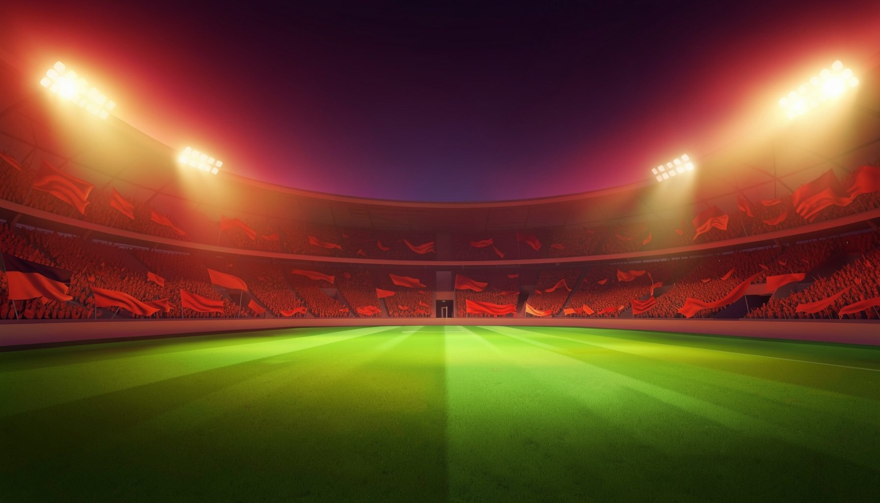 Geniş bir stadyumun gece aydınlatması altında parlayan yeşil çim zemini, tribünlerde dalgalanan bayraklar ve sıcak altın ile lacivert tonlarında bir atmosfer